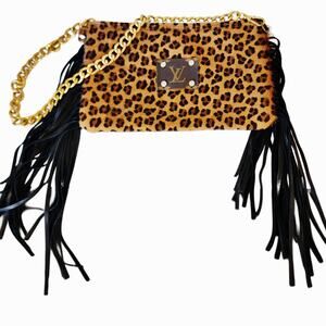 LV Canvas Patch on Hair on Hide Leopard Print Fringe Bag w/ Gold Shoulder Chain